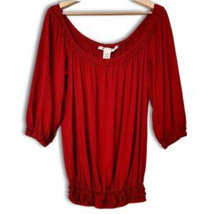 MAX STUDIO Off Shoulder Soft Deep Scoop Neck Smocked Hem Blouse Top Red Sz XS